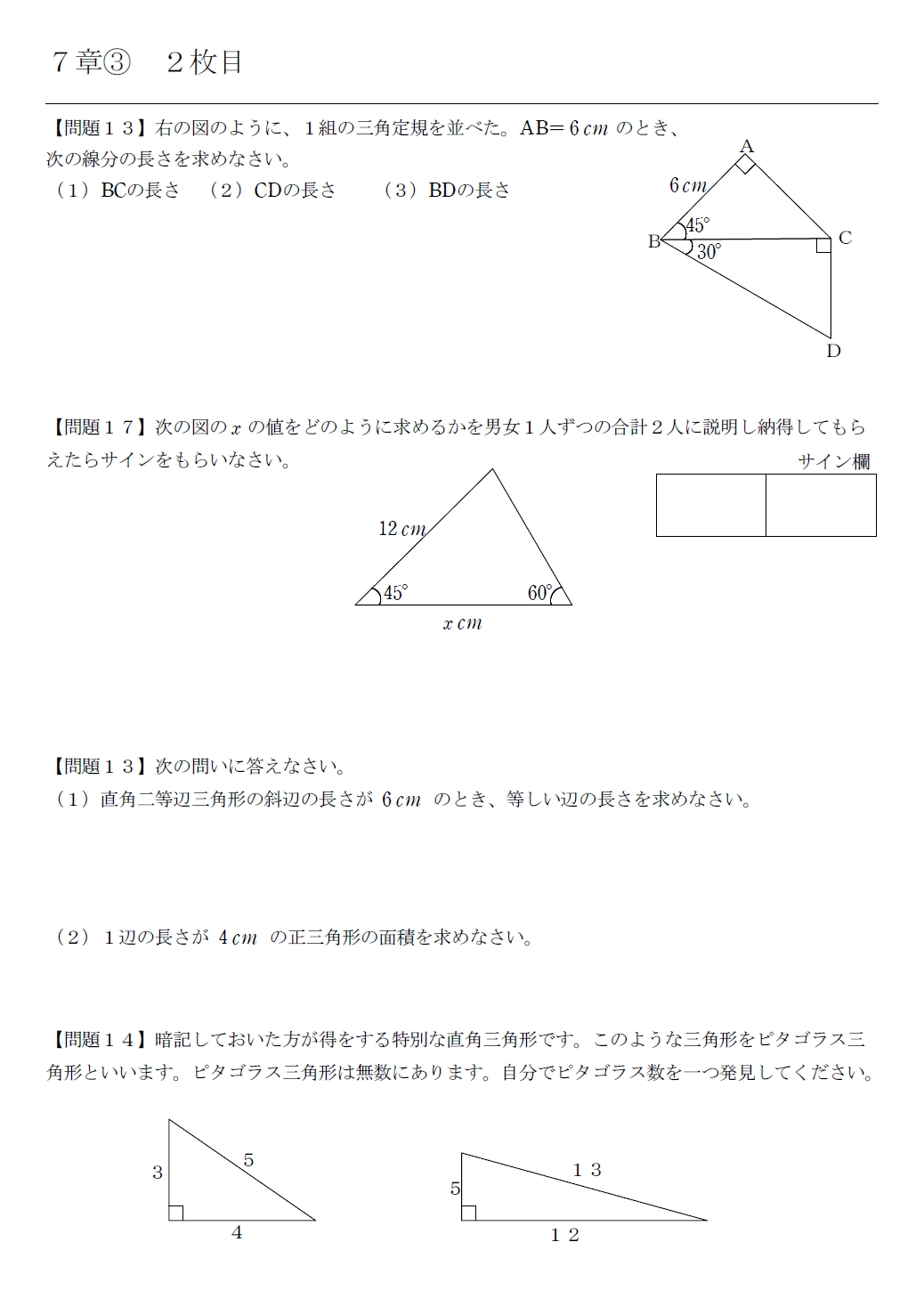 教科別 数学 算数 数学 めあて 特別な直角三角形の３辺の比を全員が使える